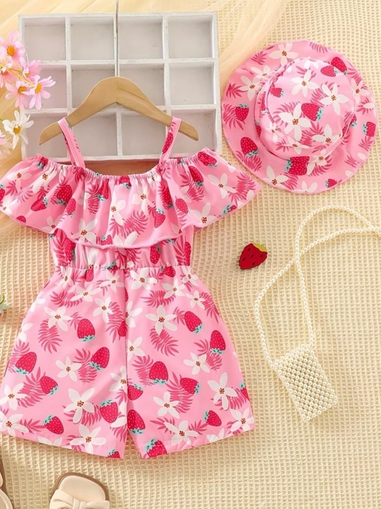 Other - NWT Girls Pink Romper and a Matching Hat Featuring Strawberry and Floral Prints
